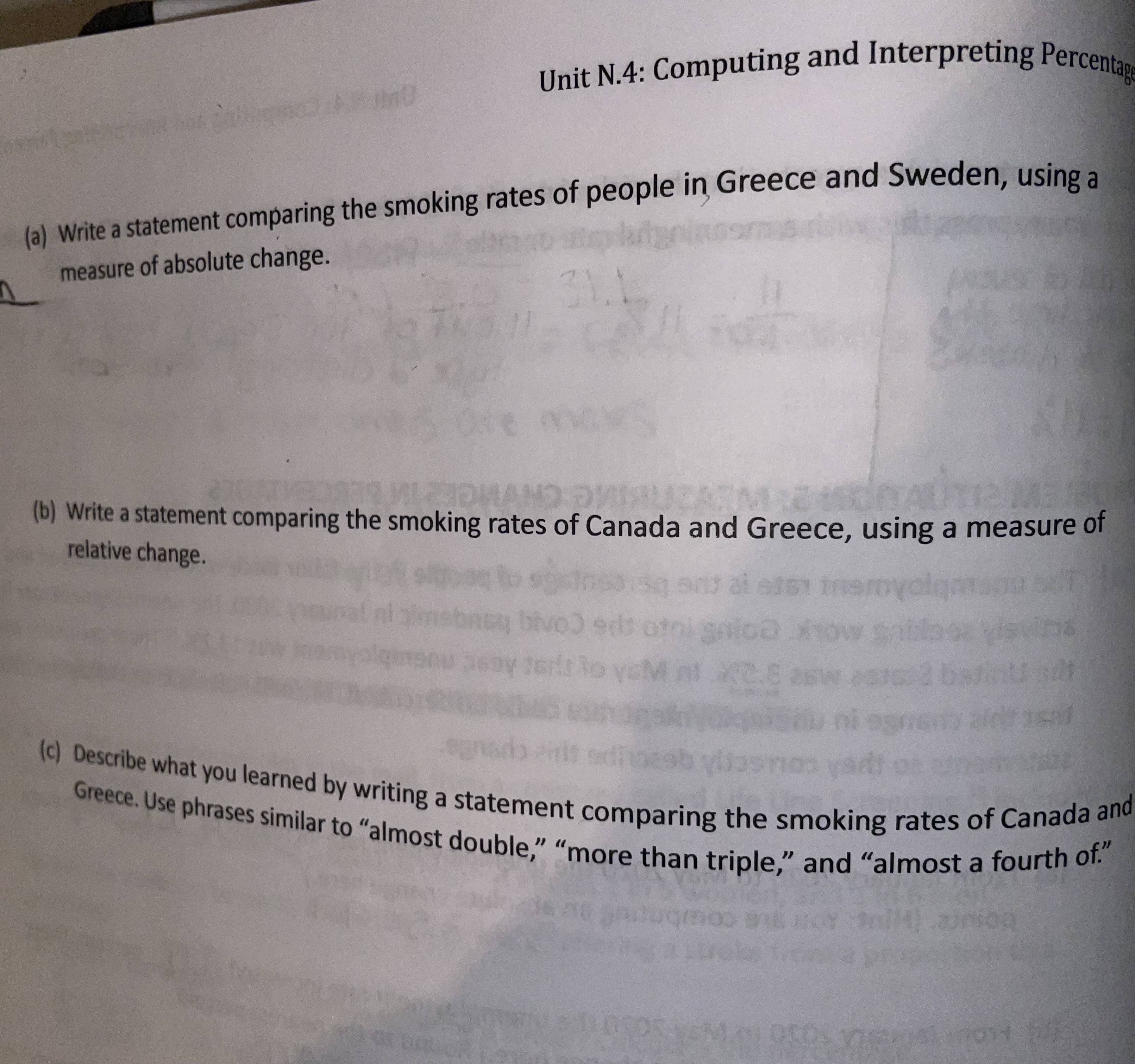  Unit N.4: Computing and Interpreting Percentag (a) Write a statement comparing