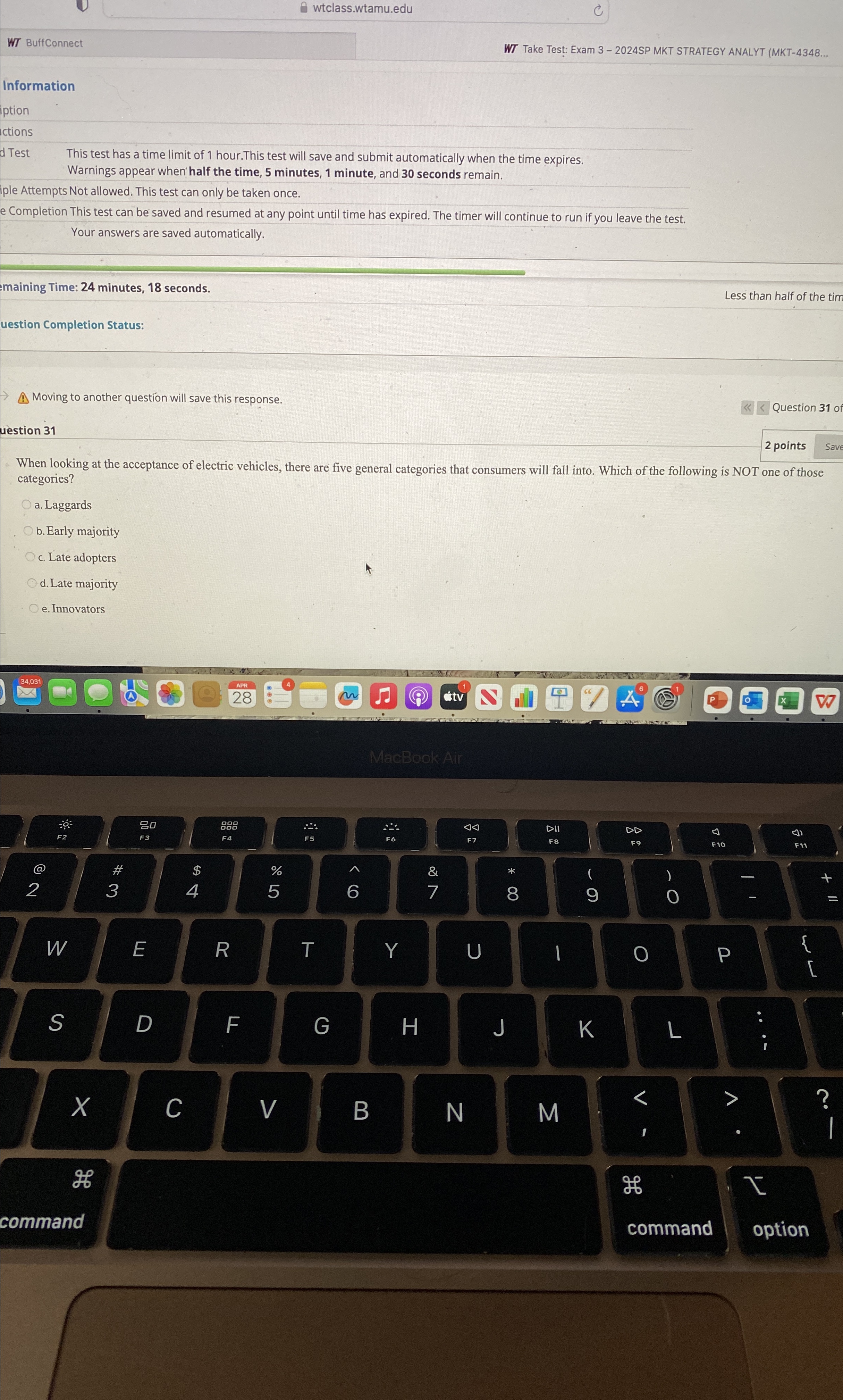  wtclass.wtamu.edu BuffConnect Take Test: Exam 3-2024SP MKT STRATEGY ANALYT (MKT-4348... This