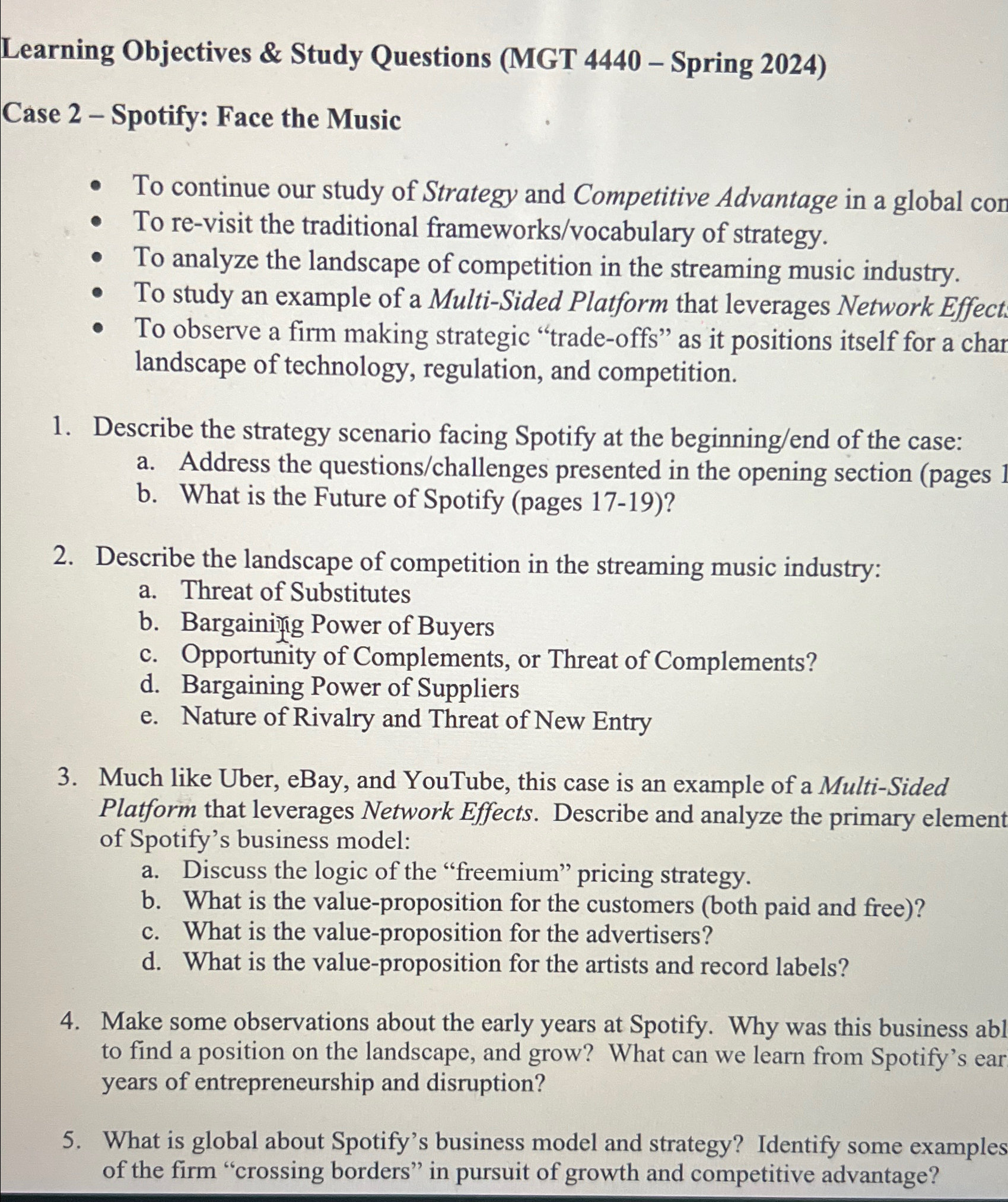  Learning Objectives & Study Questions (MGT 4440- Spring 2024) Case 2-