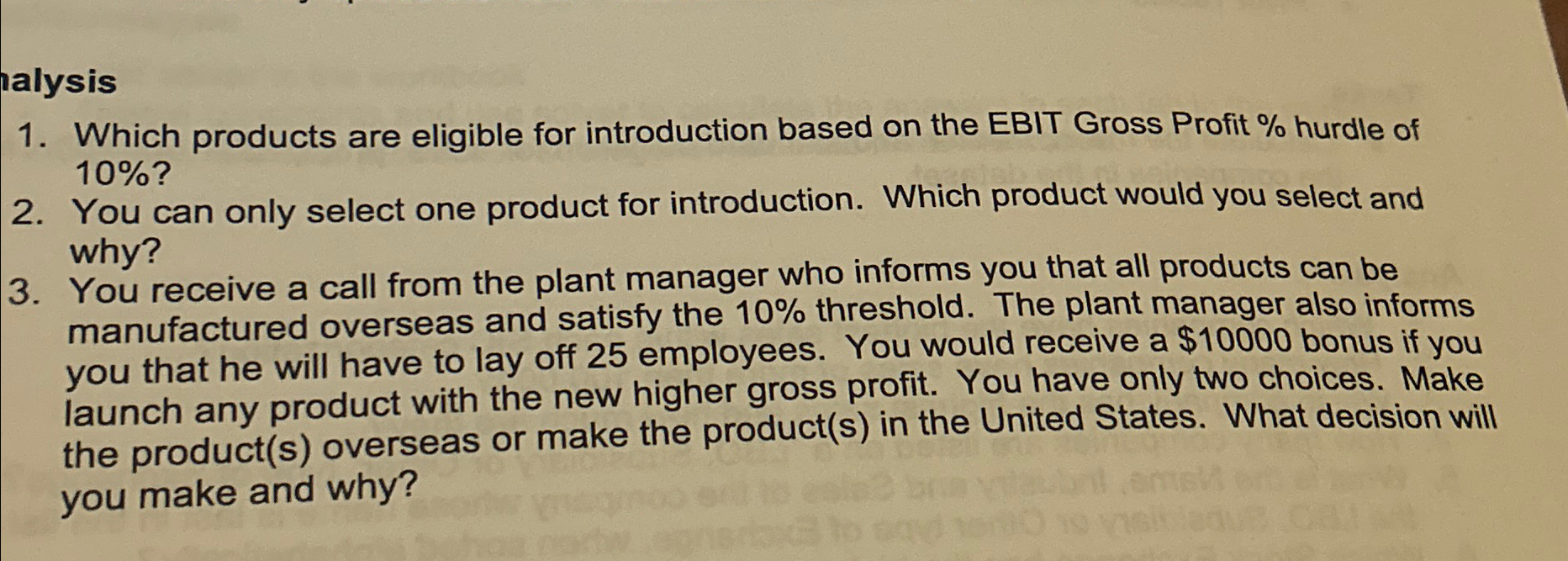  alysis Which products are eligible for introduction based on the EBIT