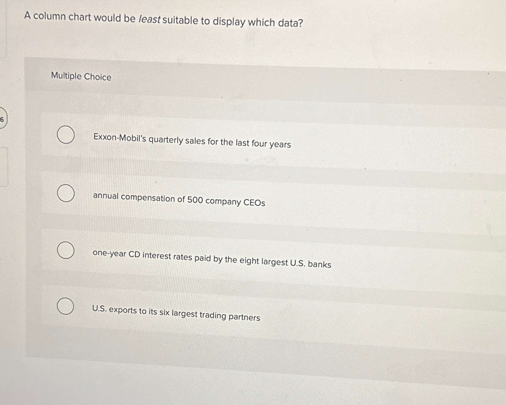  A column chart would be least suitable to display which data?