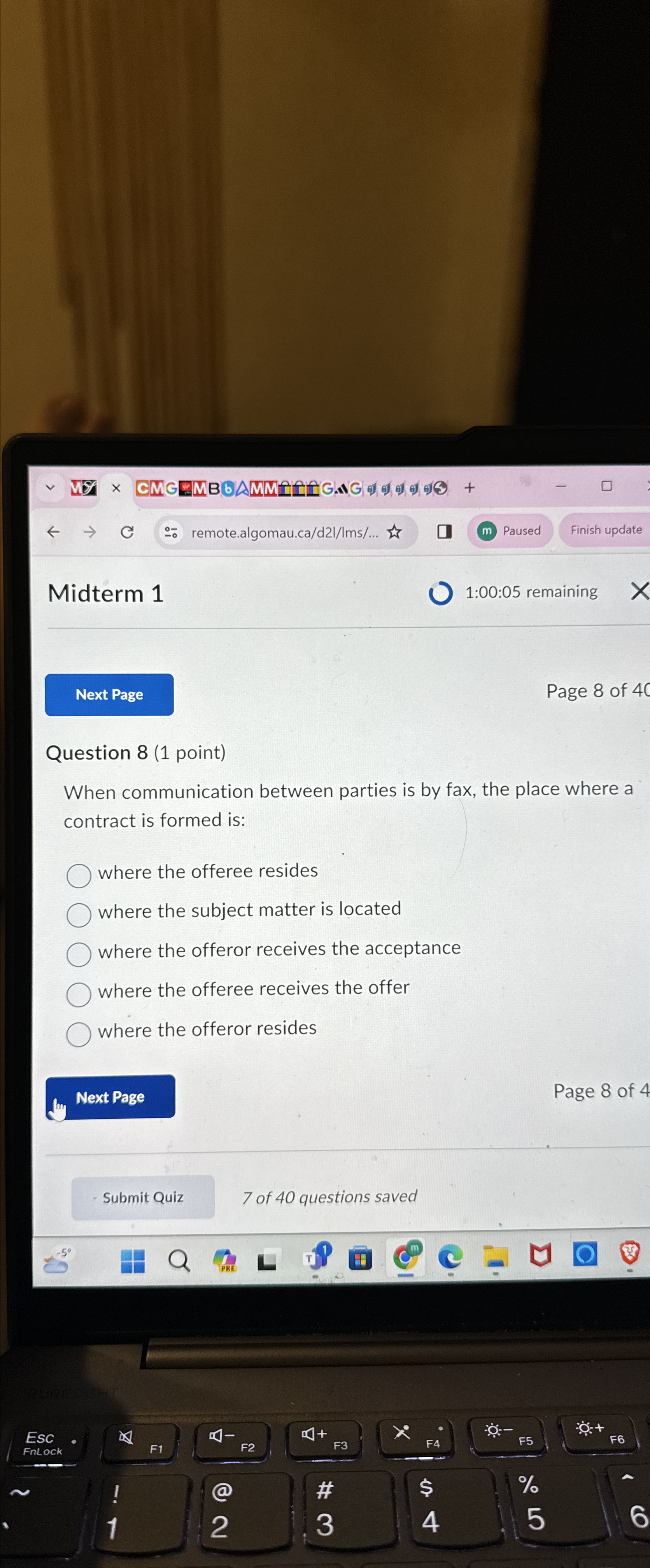  Midterm 1 1:00:05 remaining Page 8 of 4C Question 8(1 point)