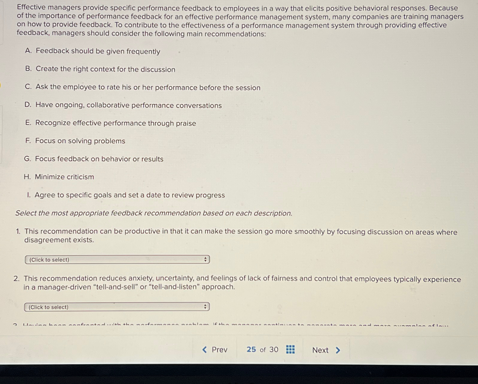  Effective managers provide specific performance feedback to employees in a way