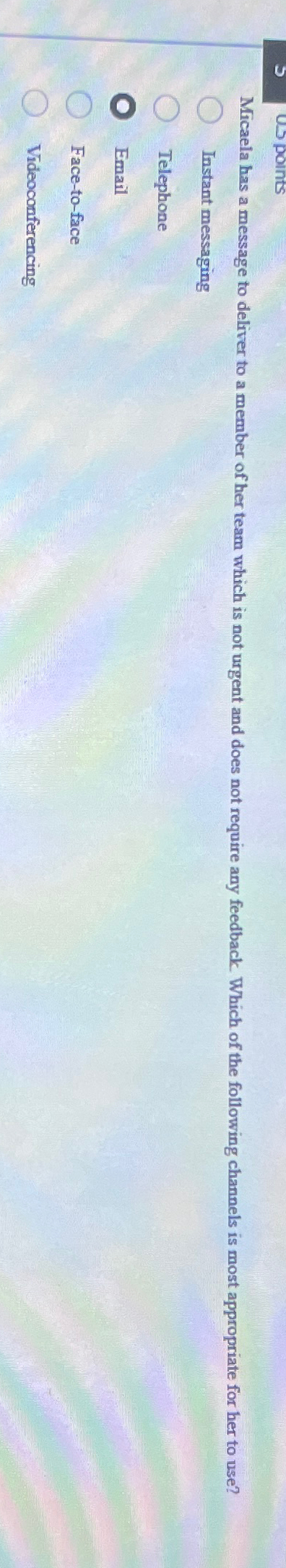  Instant messaging Telephone Email Face-to-face Videoconferencing 
