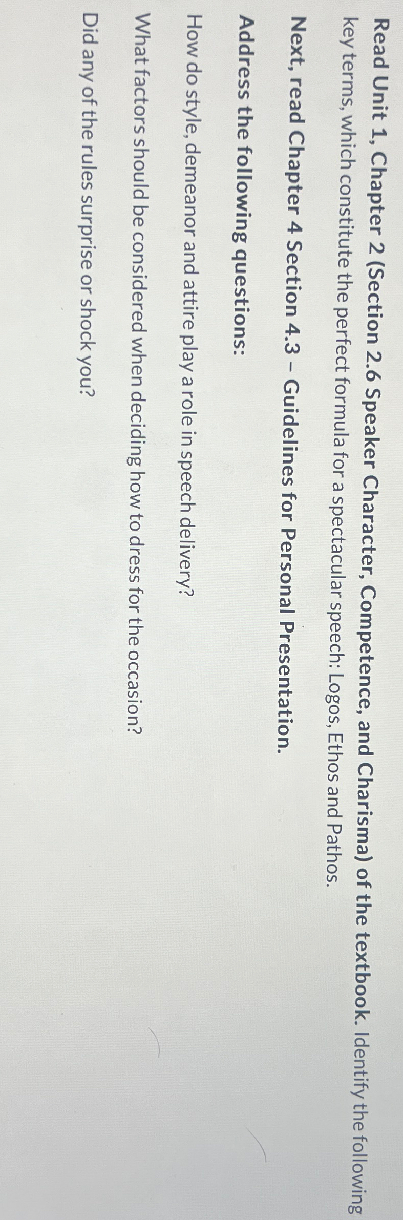  Read Unit 1, Chapter 2(Section 2.6 Speaker Character, Competence, and Charisma)