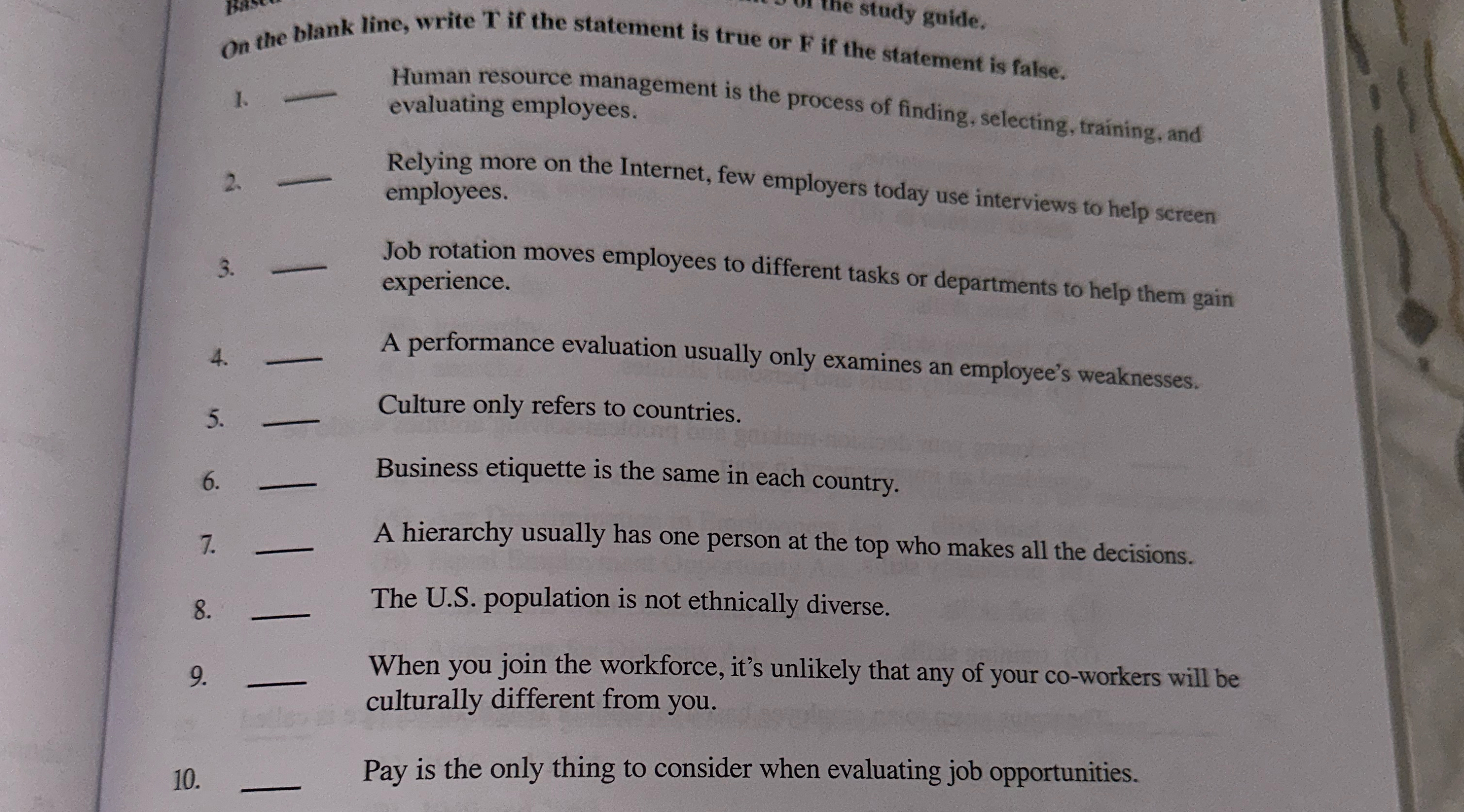  On the blank line, write T if the statement is true