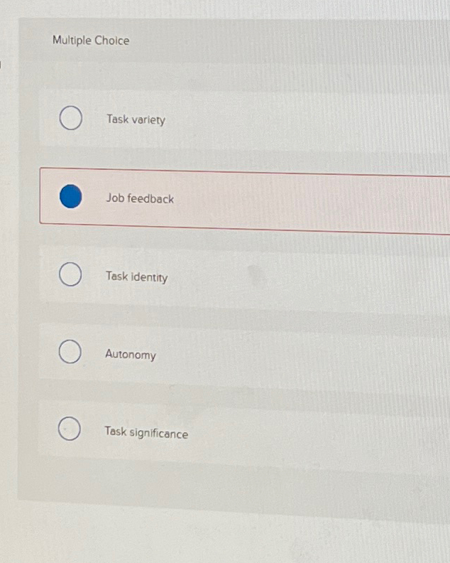  Multiple Choice Task variety Job feedback Task identity Autonomy Task significance