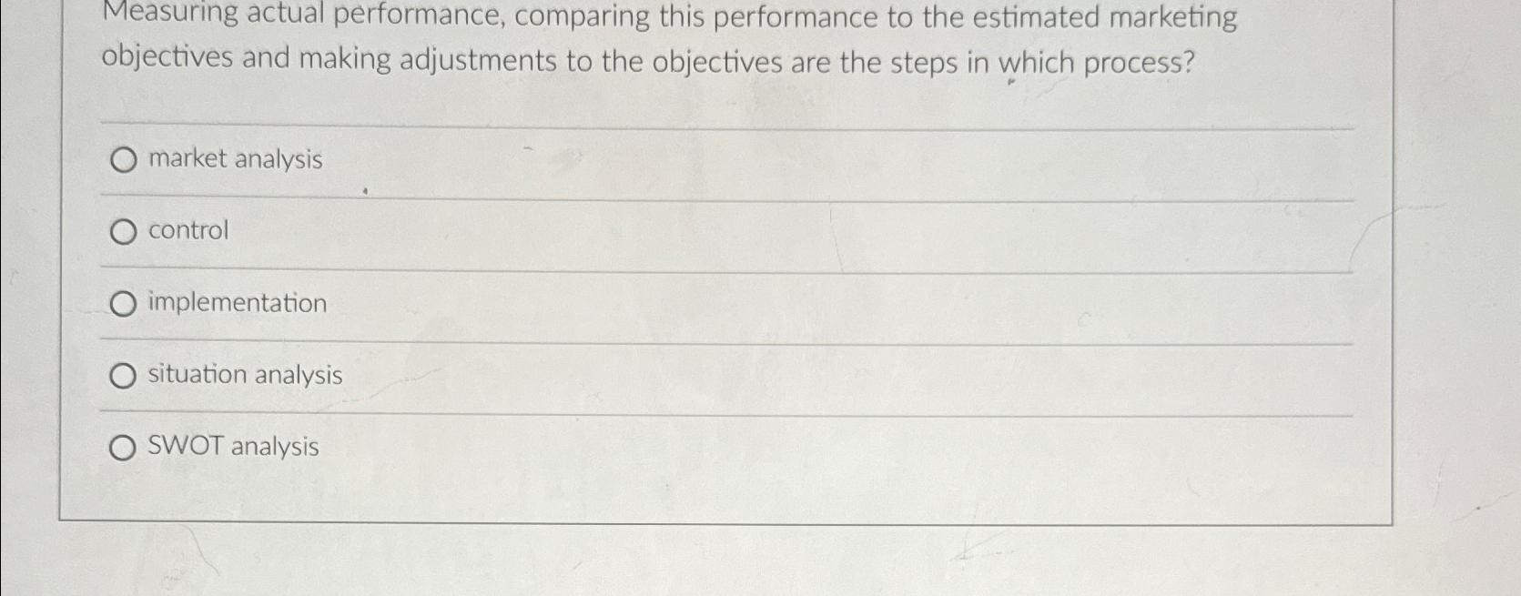  Measuring actual performance, comparing this performance to the estimated marketing objectives