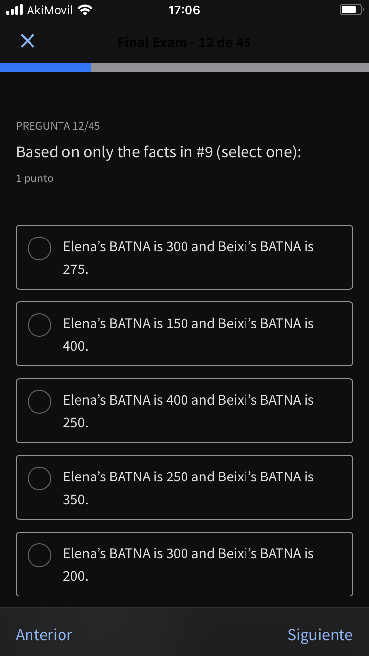  AkiMovil 17:06 PREGUNTA 12/45 Based on only the facts in #9(select