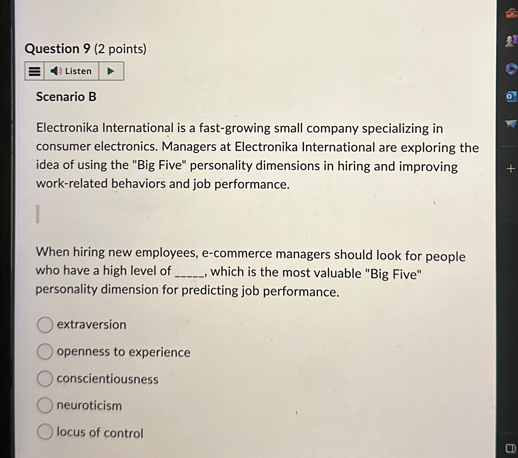 Question 9(2 points) Scenario B Electronika International is a fast-growing small