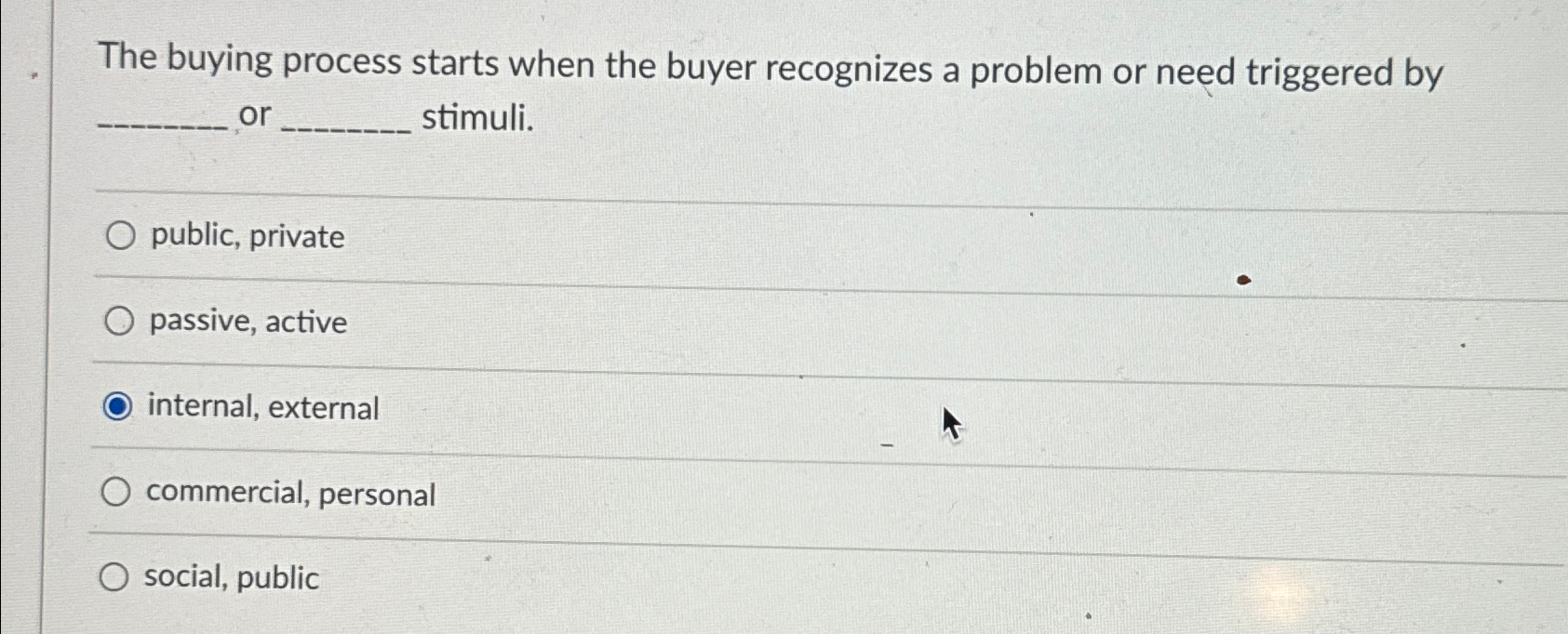  The buying process starts when the buyer recognizes a problem or