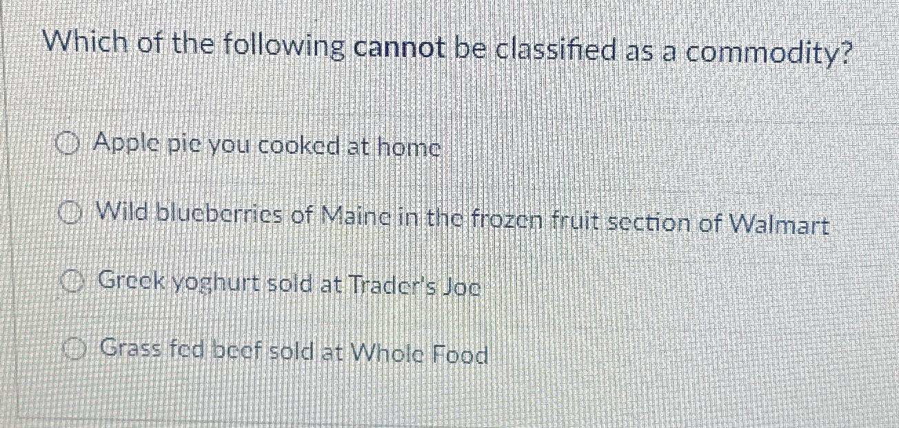  Which of the following cannot be classifed as a commodity? Apple