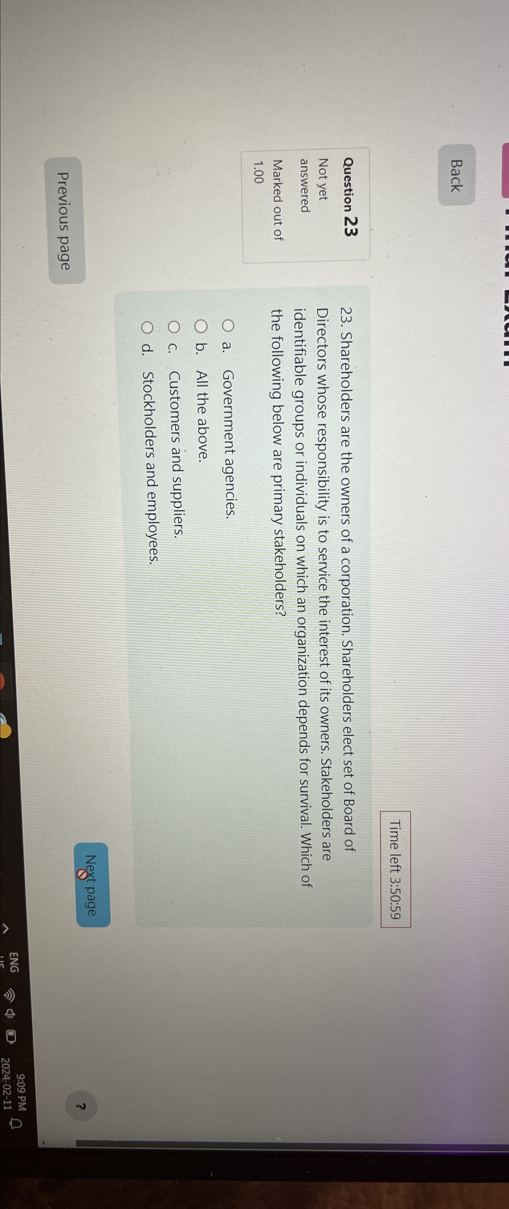  Back Time left 3:50:59 Question 23 Not yet answered Marked out