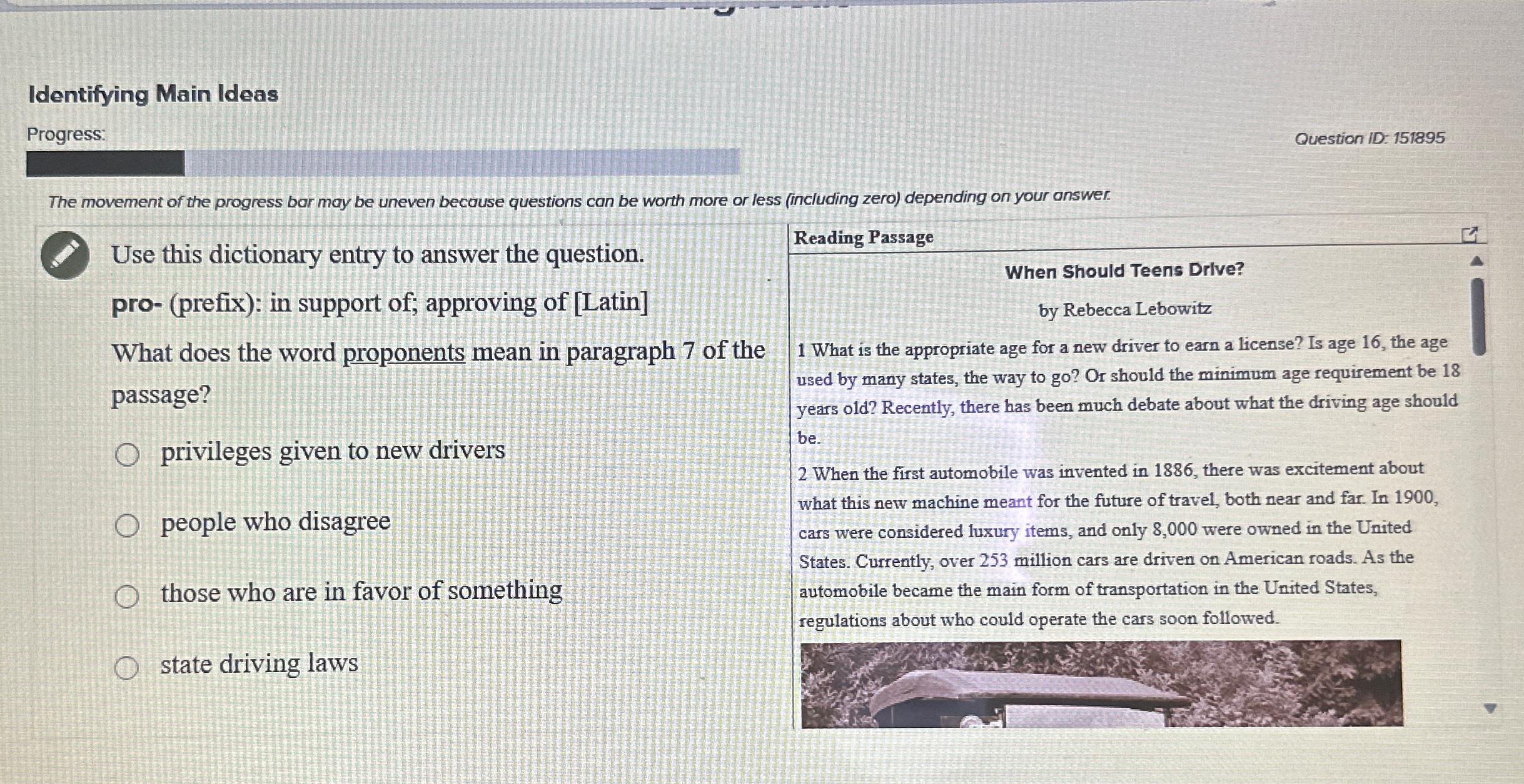  Identifying Main Ideas Progress: Question ID: 151895 The movement of the