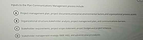  Inputs to the Plan Communications Management process include: Project management plan,