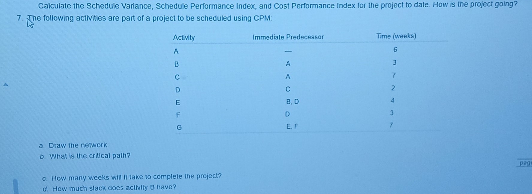 Calculate the Schedule Variance, Schedule Performance Index, and Cost Performance Index