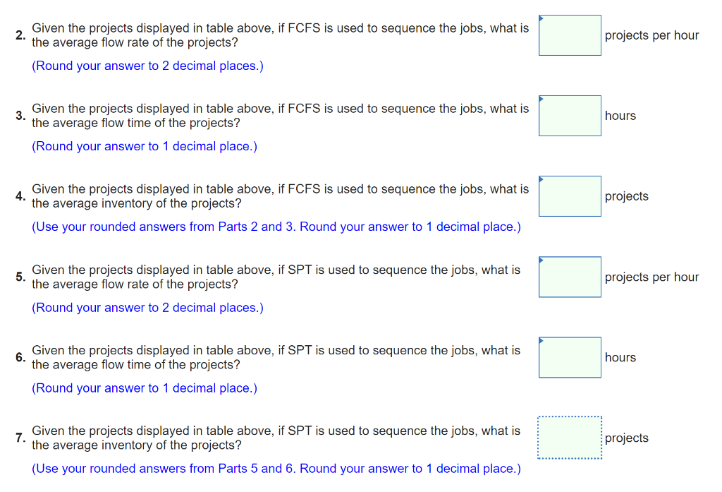 time for eight projects, displayed in the sequence they arrived. 2. Given