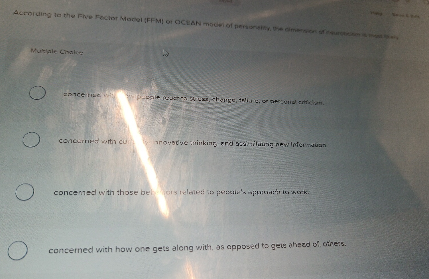  According to the Five Factor Model (FFM) or OCEAN model of