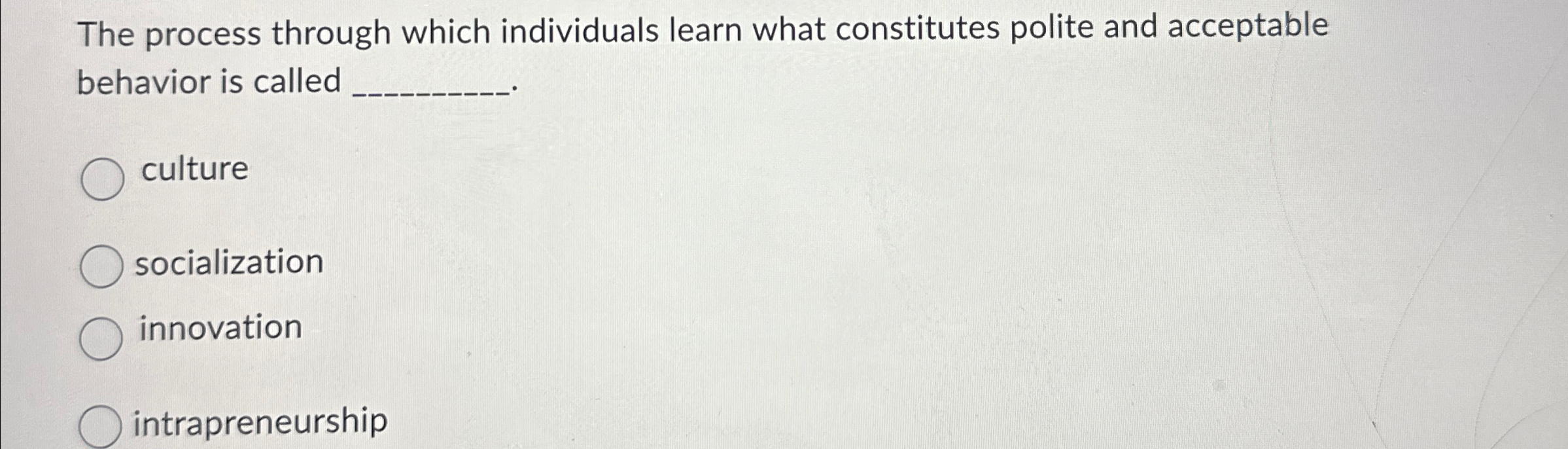  The process through which individuals learn what constitutes polite and acceptable