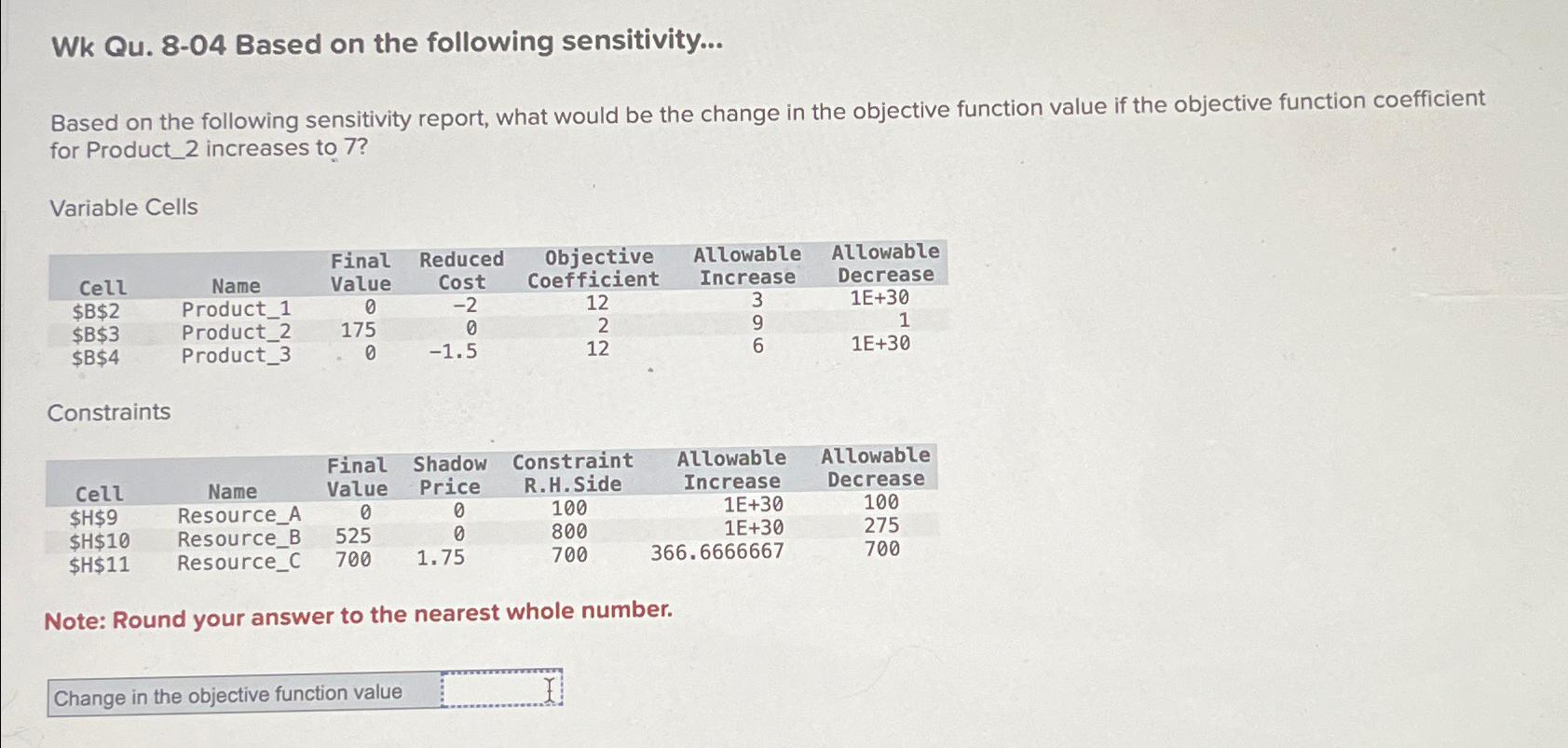  Wk Qu.8-04 Based on the following sensitivity... Based on the following