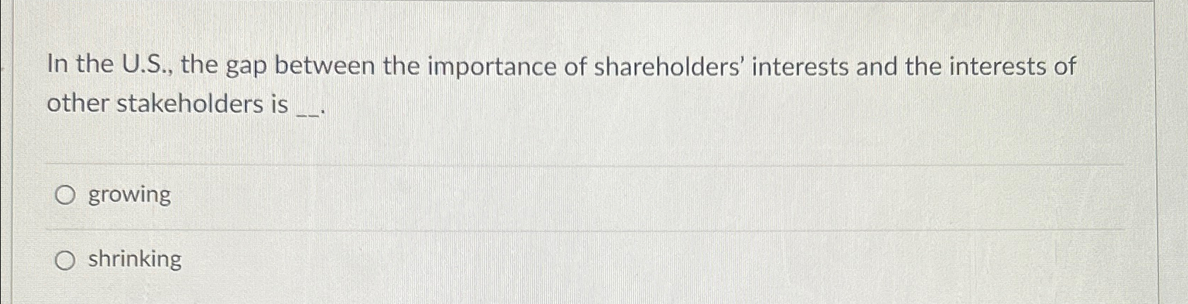  In the U.S., the gap between the importance of shareholders' interests