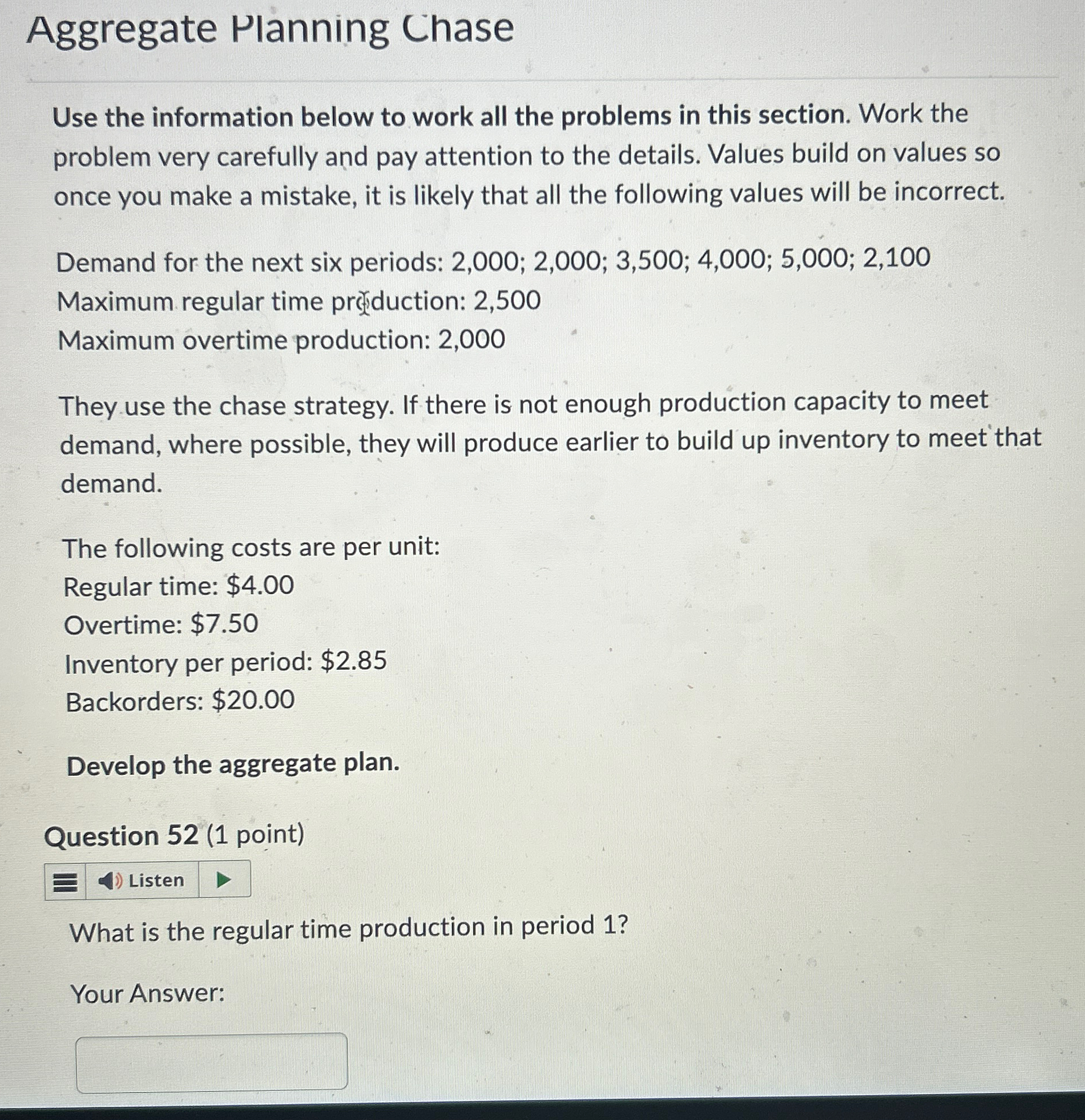  Aggregate Planning Chase Use the information below to work all the