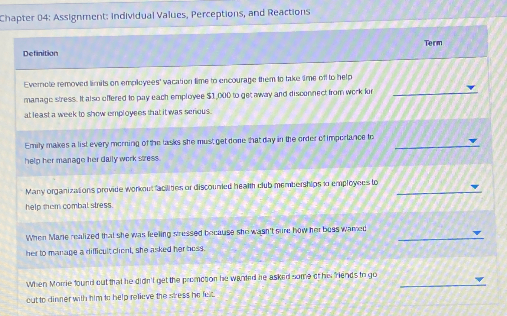  Chapter 04: Assignment: Individual Values, Perceptions, and Reactions Term Definition Evernote