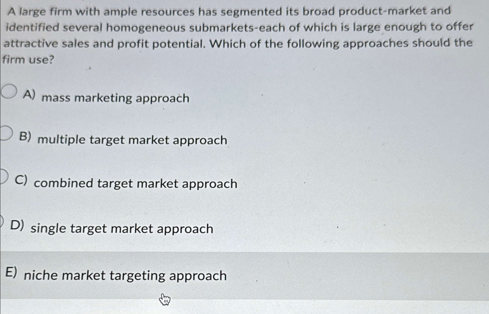  A large firm with ample resources has segmented its broad product-market