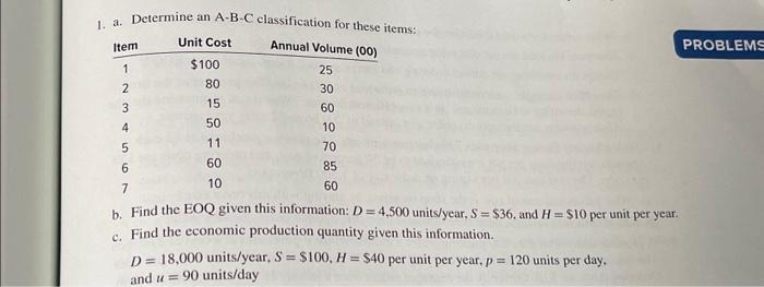  1. a. Determine an A-B-C classification for these items: Annual Volume