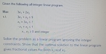  Given the following all-integer linear program: Max 3x1+2x2 s.t.3x1+x29 x1+3x2,7 -x1+x2,1