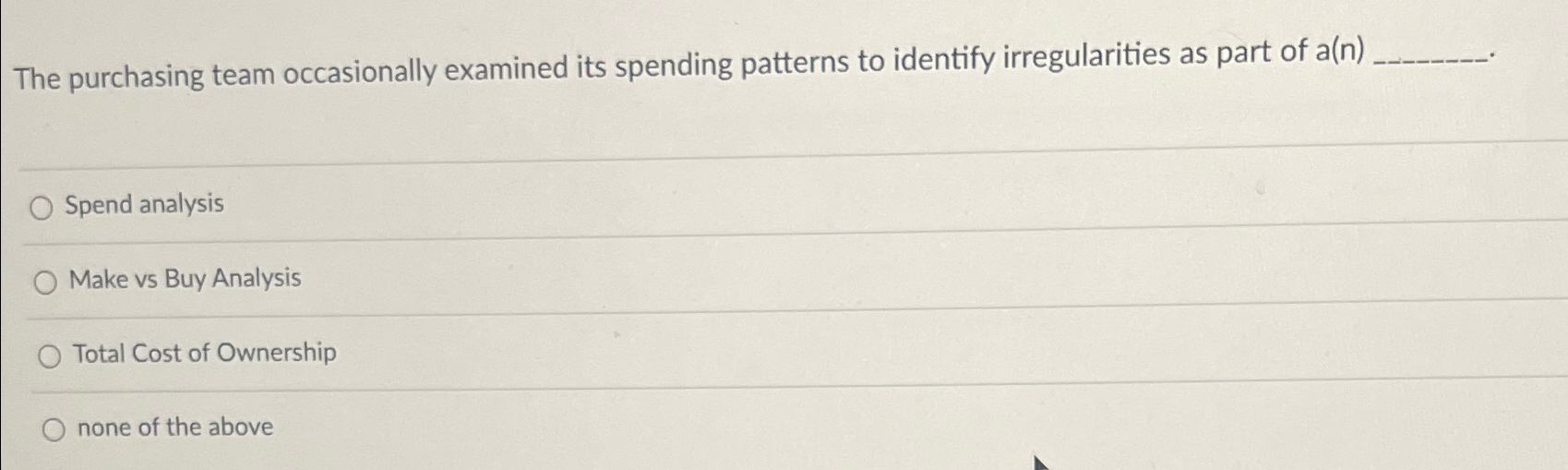  The purchasing team occasionally examined its spending patterns to identify irregularities