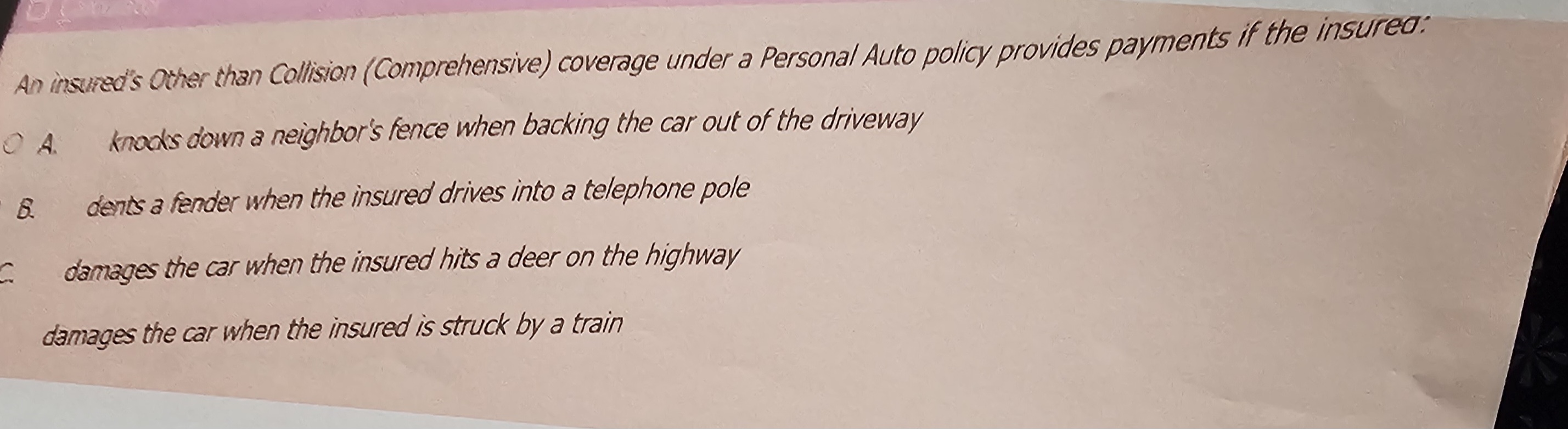  An insured's other than Collision (Comprehensive) coverage under a Personal Auto