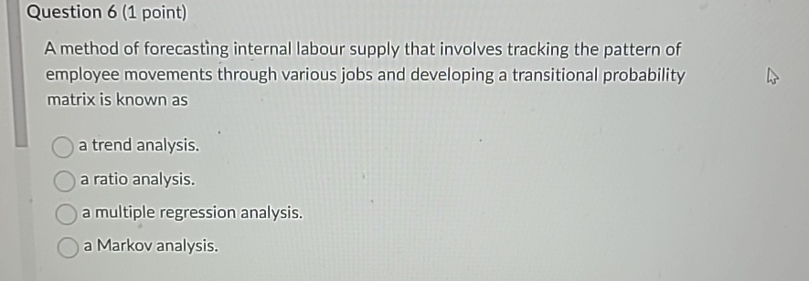  Question 6(1 point) A method of forecasting internal labour supply that