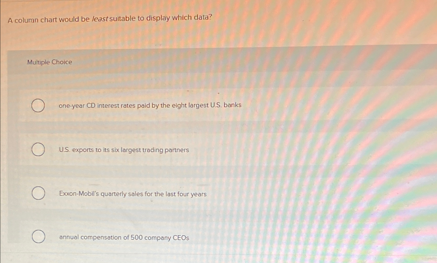  A column chart would be least suitable to display which data?