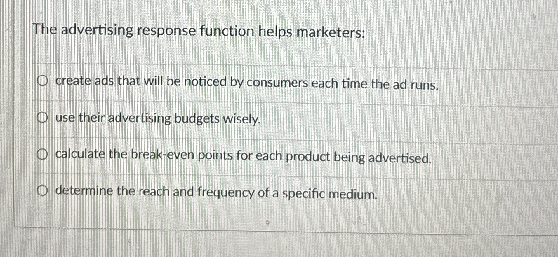  The advertising response function helps marketers: create ads that will be