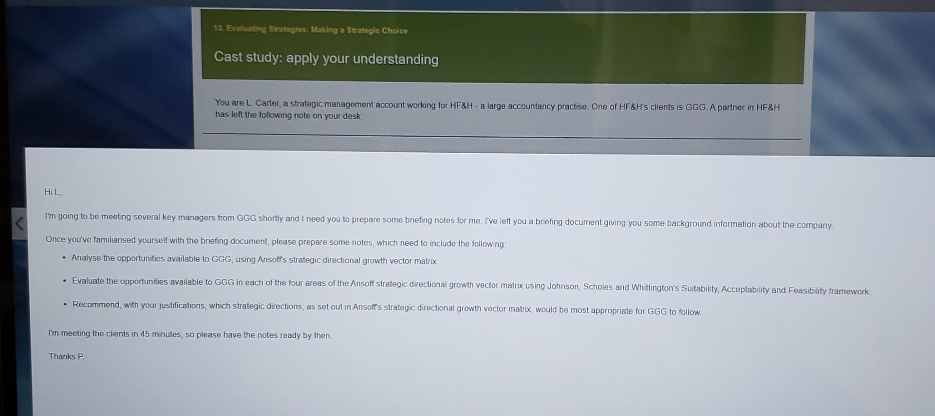 management account working for HF\&H - a large accountancy practise. One of