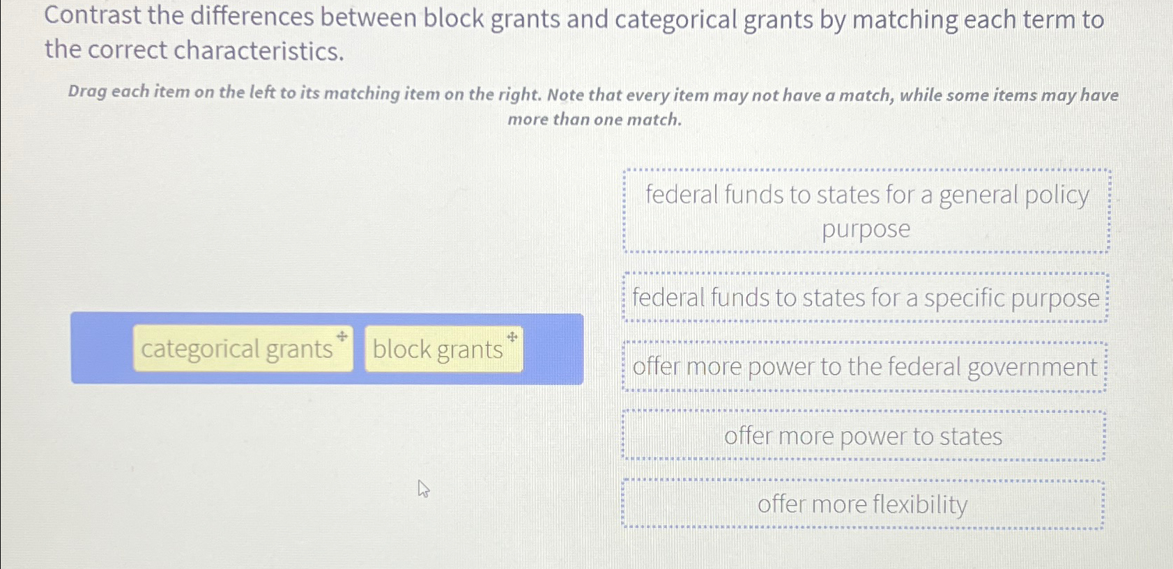  Contrast the differences between block grants and categorical grants by matching