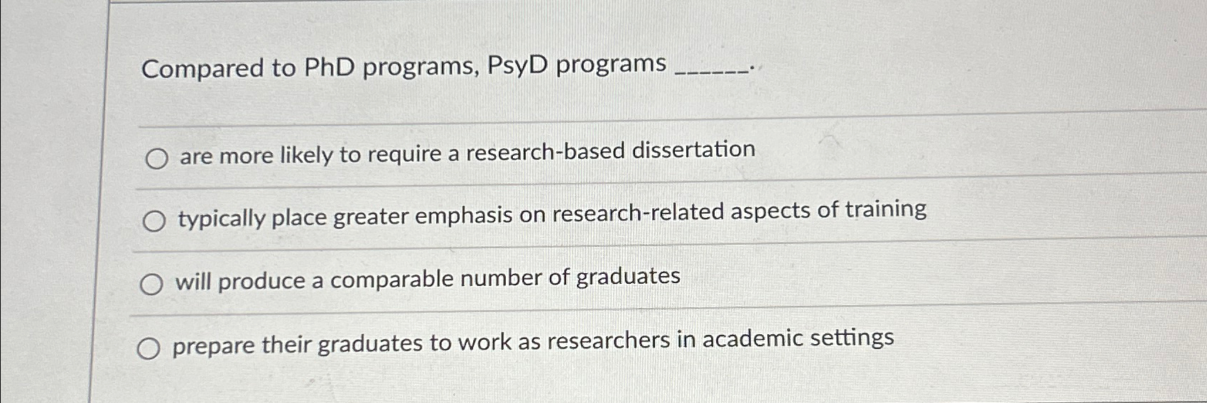  Compared to PhD programs, PsyD programs are more likely to require