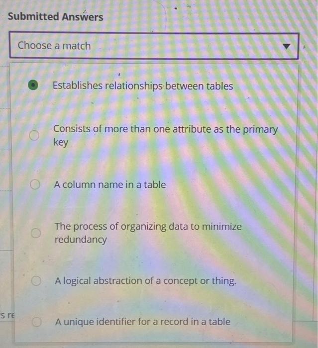 Primary Key Submitted Answers Choose a match Choose a match Choose a
