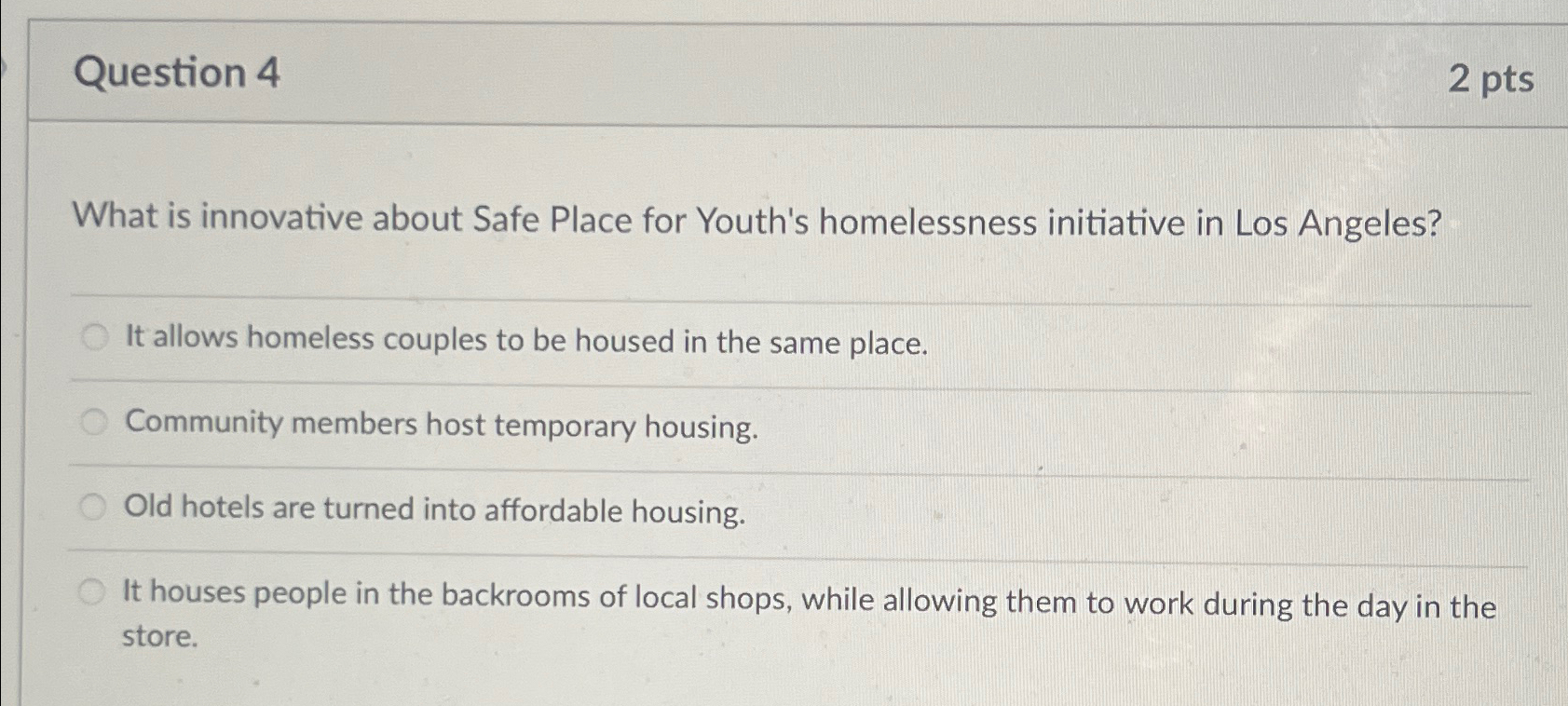  Question 4 2pts What is innovative about Safe Place for Youth's