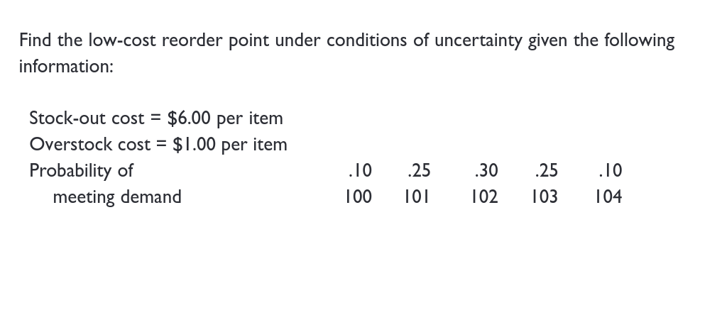  Find the Qe and TC, assuming the following:Find the low-cost reorder