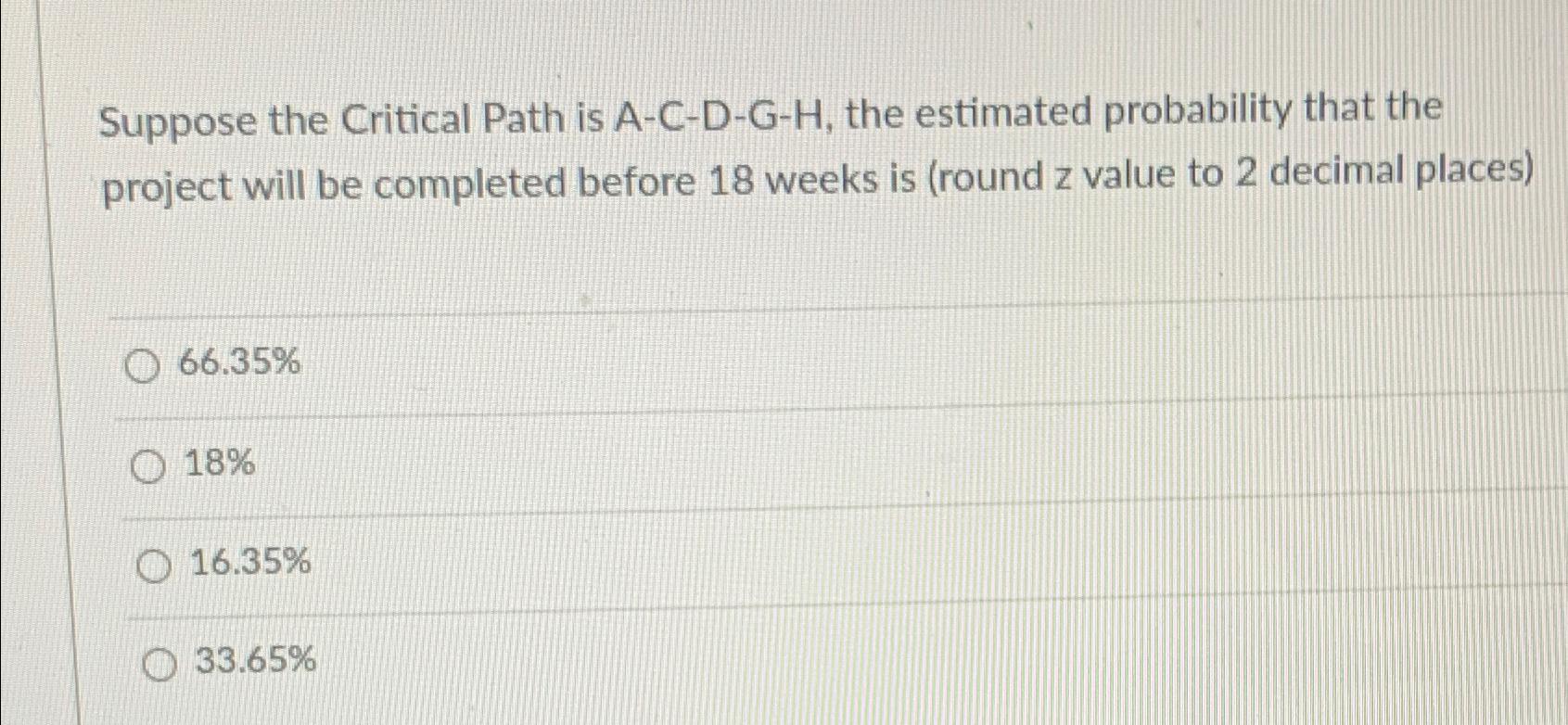  Suppose the Critical Path is A-C-D-G-H, the estimated probability that the