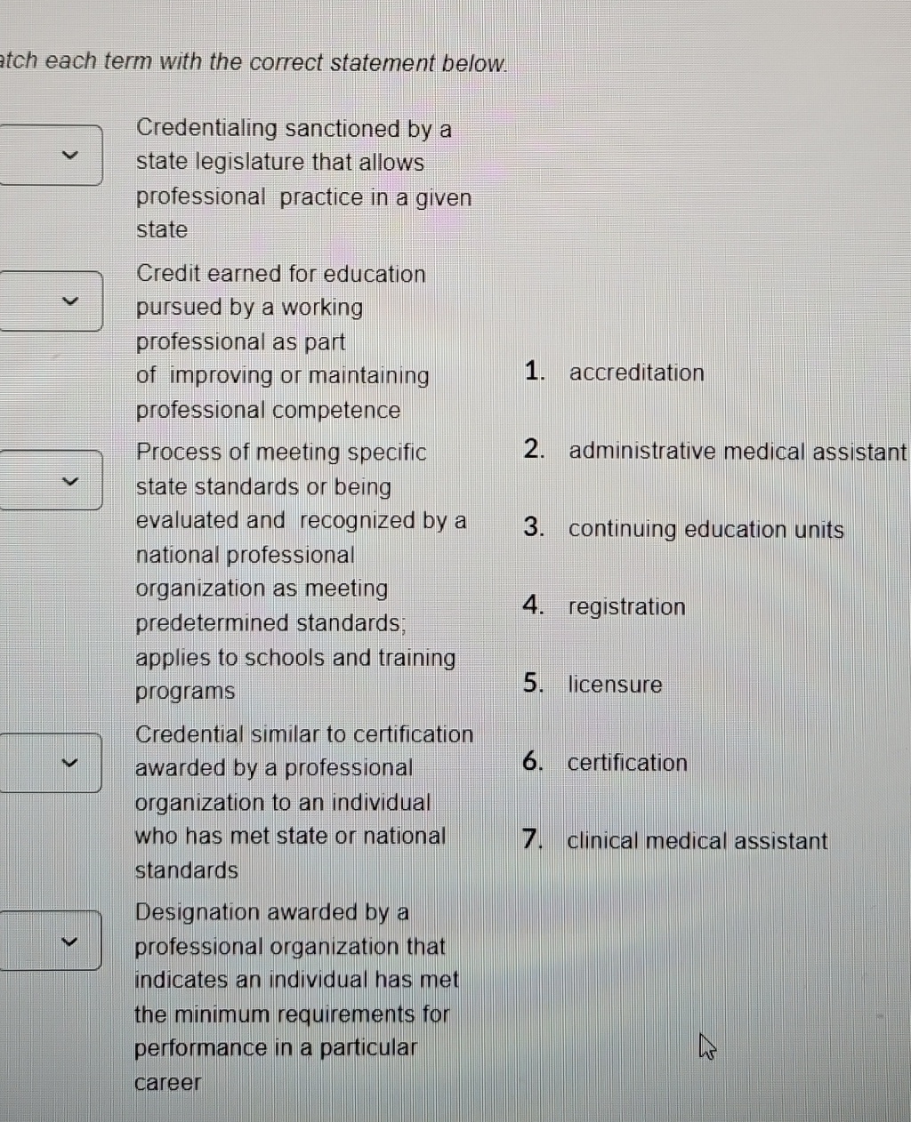  atch each term with the correct statement below. Credentialing sanctioned by