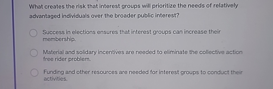  What creates the risk that interest groups will prioritize the needs