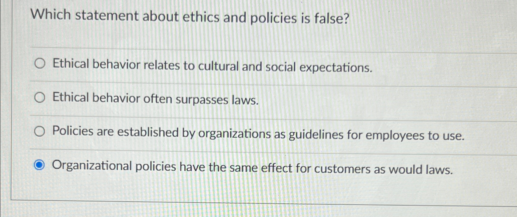  Which statement about ethics and policies is false? Ethical behavior relates