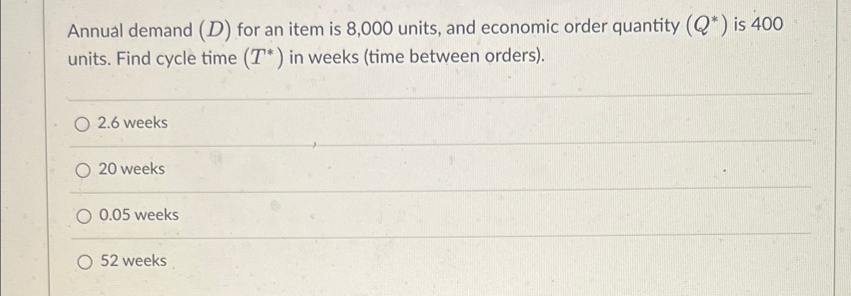  Annual demand (D) for an item is 8,000 units, and economic