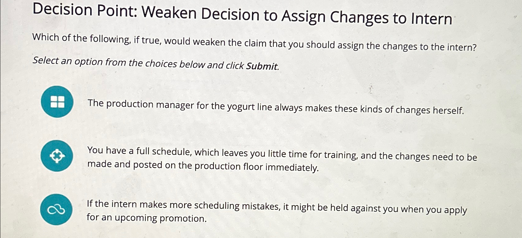  Decision Point: Weaken Decision to Assign Changes to Intern Which of