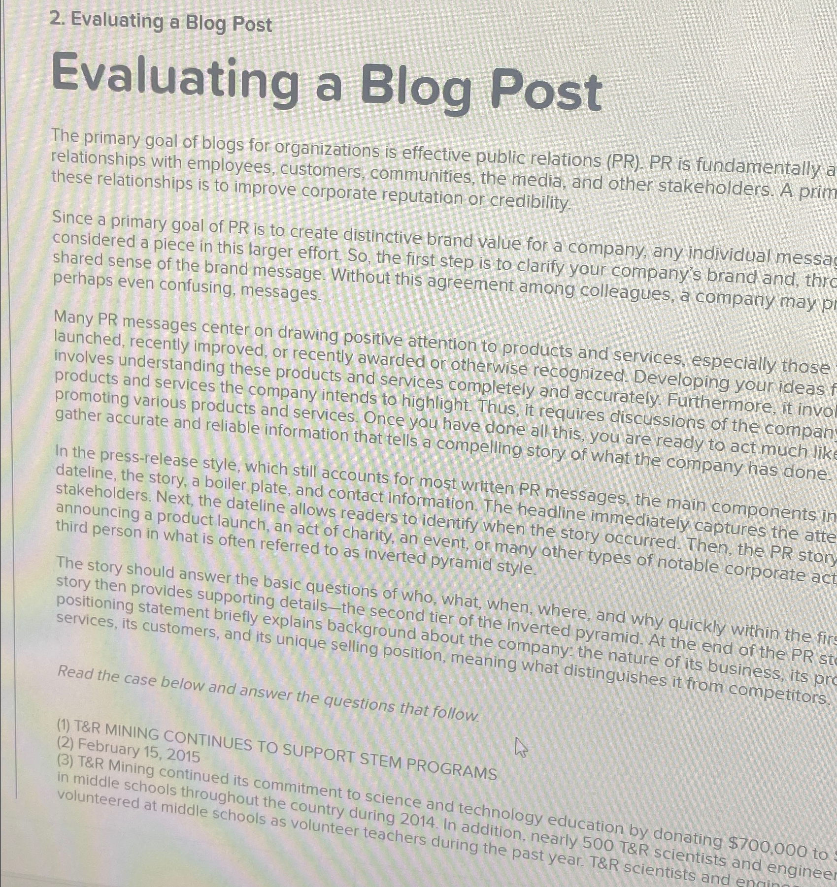  Evaluating a Blog Post Evaluating a Blog Post The primary goal