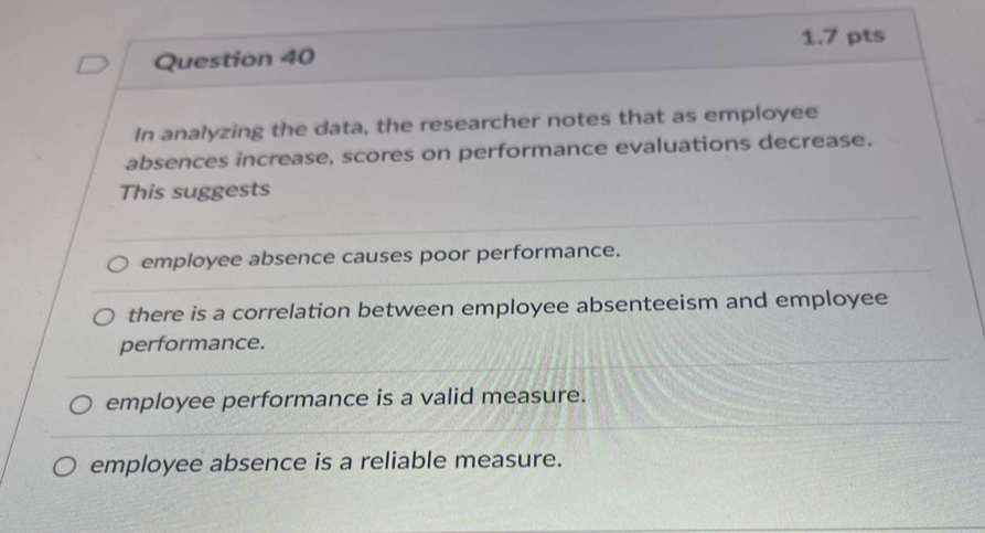  Question 40 1.7 pts In analyzing the data, the researcher notes