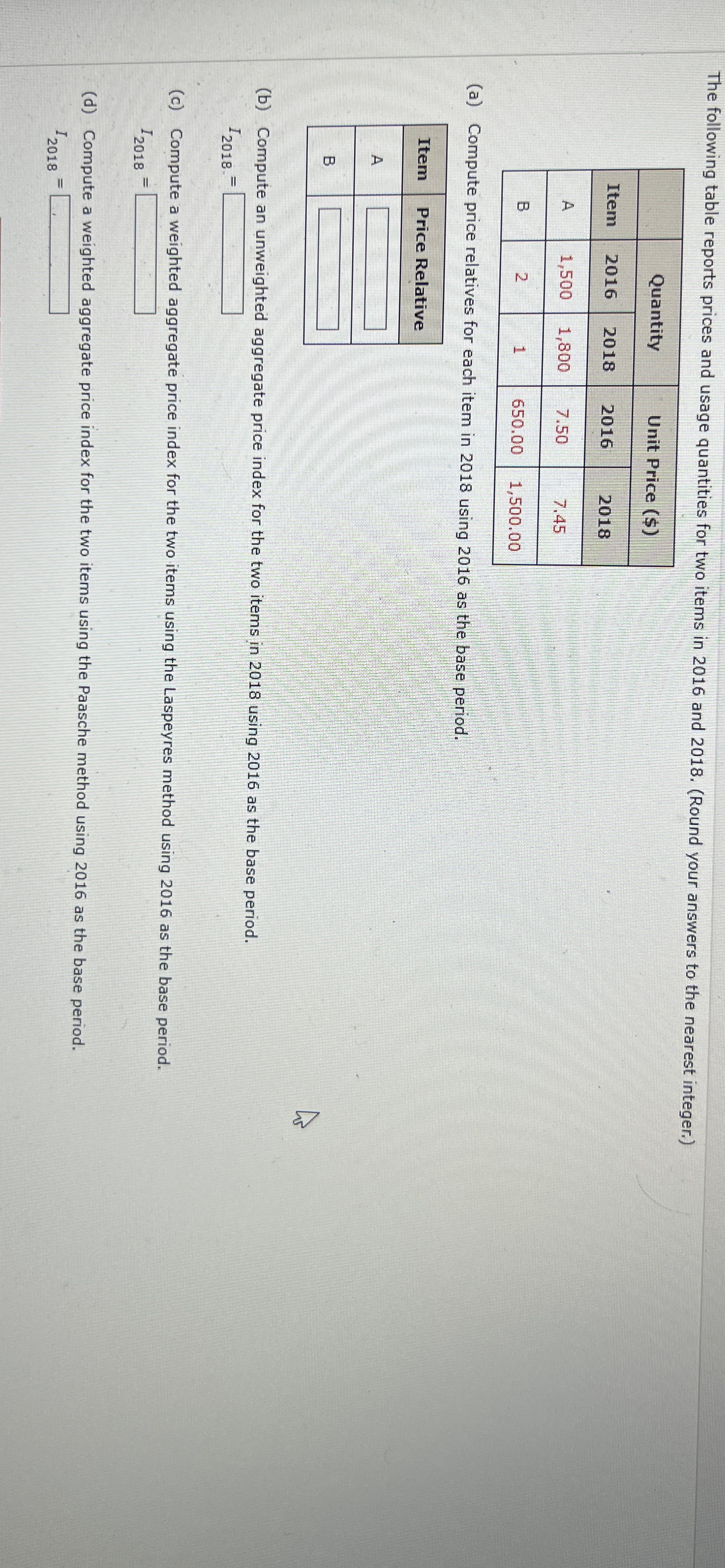  The following table reports prices and usage quantities for two items